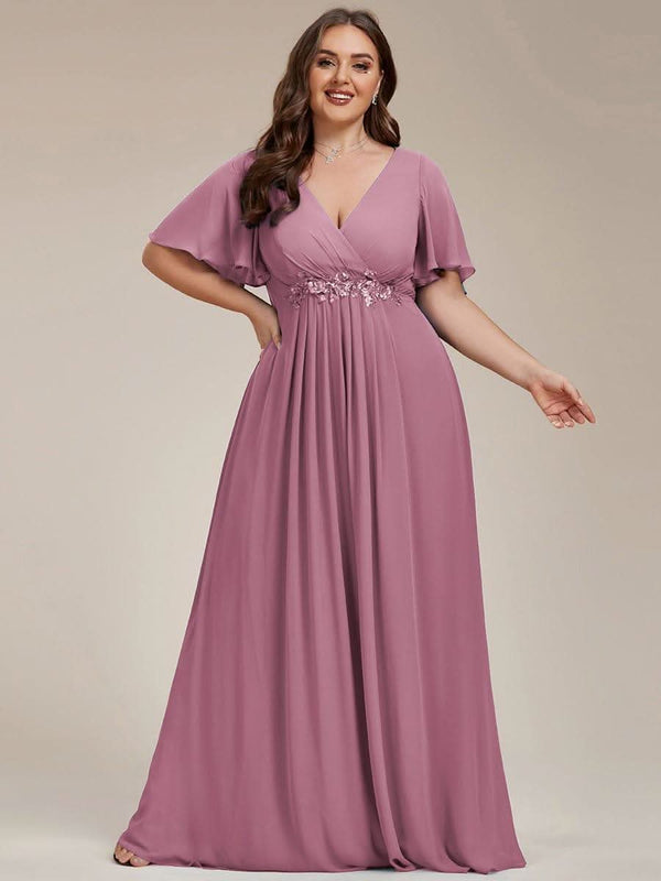 Ruffles Sleeve A-Line Chiffon Waist Applique Maxi Evening Dress #color_Dusty Blue ever IVYROSE|Ruffles Sleeve A-Line Chiffon Waist Applique Maxi Wedding Guest Dress