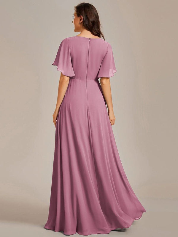 Ruffles Sleeve A-Line Chiffon Waist Applique Maxi Evening Dress #color_Dusty Blue ever IVYROSE|Ruffles Sleeve A-Line Chiffon Waist Applique Maxi Wedding Guest Dress