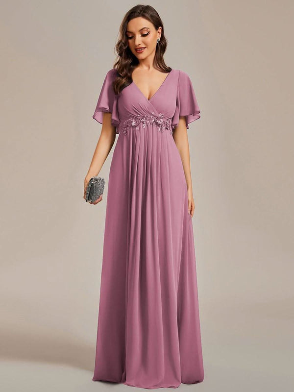 Ruffles Sleeve A-Line Chiffon Waist Applique Maxi Evening Dress #color_Dusty Blue ever IVYROSE|Ruffles Sleeve A-Line Chiffon Waist Applique Maxi Wedding Guest Dress
