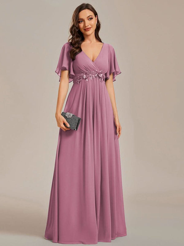 Ruffles Sleeve A-Line Chiffon Waist Applique Maxi Evening Dress #color_Dusty Blue ever IVYROSE|Ruffles Sleeve A-Line Chiffon Waist Applique Maxi Wedding Guest Dress