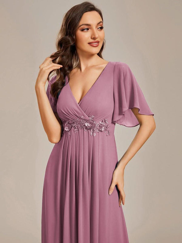 Ruffles Sleeve A-Line Chiffon Waist Applique Maxi Evening Dress #color_Dusty Blue ever IVYROSE|Ruffles Sleeve A-Line Chiffon Waist Applique Maxi Wedding Guest Dress