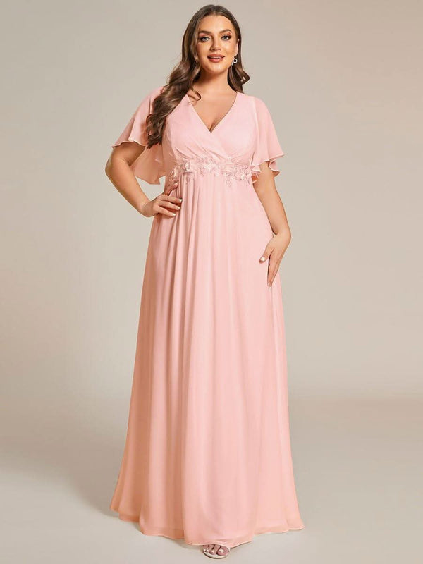 Ruffles Sleeve A-Line Chiffon Waist Applique Maxi Evening Dress #color_Dusty Blue ever IVYROSE|Ruffles Sleeve A-Line Chiffon Waist Applique Maxi Wedding Guest Dress