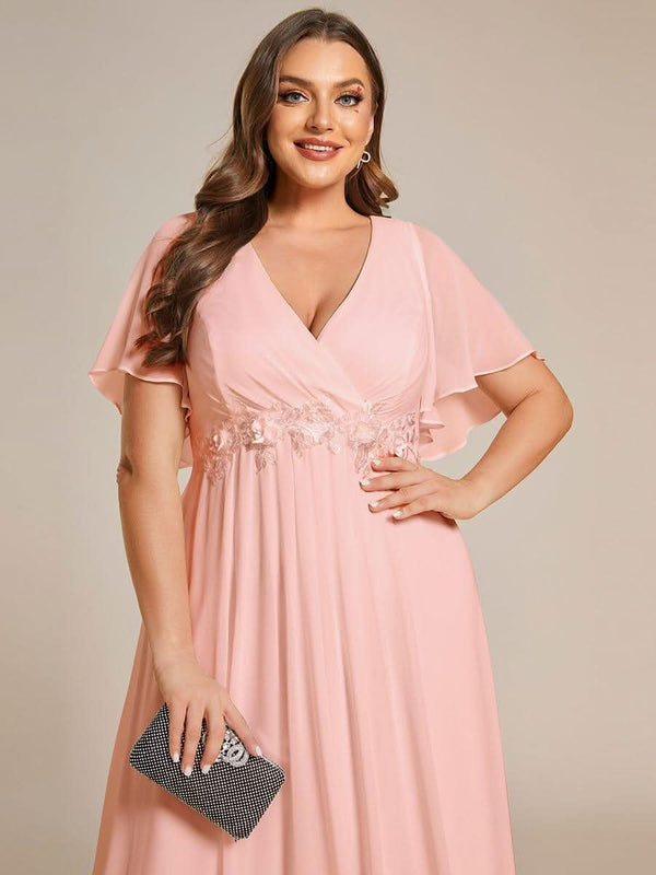 Ruffles Sleeve A-Line Chiffon Waist Applique Maxi Evening Dress #color_Dusty Blue ever IVYROSE|Ruffles Sleeve A-Line Chiffon Waist Applique Maxi Wedding Guest Dress