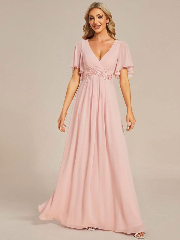 Ruffles Sleeve A-Line Chiffon Waist Applique Maxi Evening Dress #color_Dusty Blue ever IVYROSE|Ruffles Sleeve A-Line Chiffon Waist Applique Maxi Wedding Guest Dress