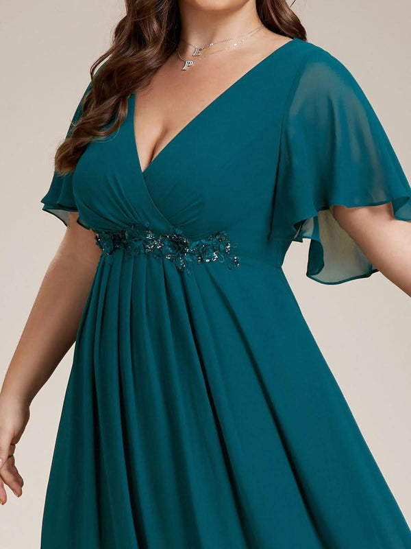 Ruffles Sleeve A-Line Chiffon Waist Applique Maxi Evening Dress #color_Dusty Blue ever IVYROSE|Ruffles Sleeve A-Line Chiffon Waist Applique Maxi Wedding Guest Dress