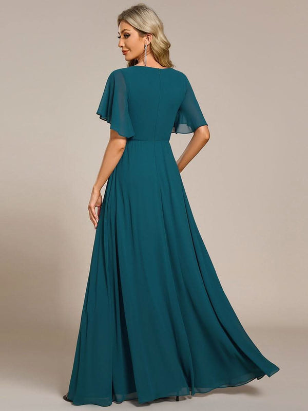 Ruffles Sleeve A-Line Chiffon Waist Applique Maxi Evening Dress #color_Dusty Blue ever IVYROSE|Ruffles Sleeve A-Line Chiffon Waist Applique Maxi Wedding Guest Dress