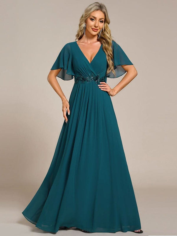 Ruffles Sleeve A-Line Chiffon Waist Applique Maxi Evening Dress #color_Dusty Blue ever IVYROSE|Ruffles Sleeve A-Line Chiffon Waist Applique Maxi Wedding Guest Dress