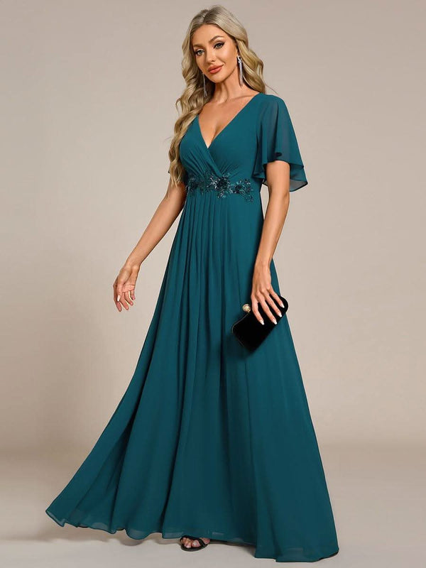 Ruffles Sleeve A-Line Chiffon Waist Applique Maxi Evening Dress #color_Dusty Blue ever IVYROSE|Ruffles Sleeve A-Line Chiffon Waist Applique Maxi Wedding Guest Dress