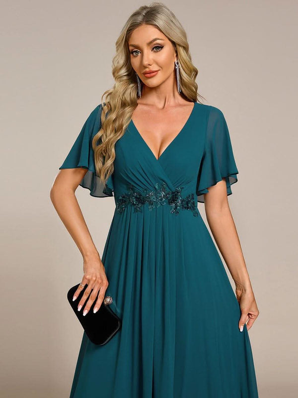 Ruffles Sleeve A-Line Chiffon Waist Applique Maxi Evening Dress #color_Dusty Blue ever IVYROSE|Ruffles Sleeve A-Line Chiffon Waist Applique Maxi Wedding Guest Dress
