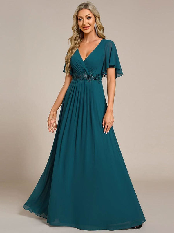 Ruffles Sleeve A-Line Chiffon Waist Applique Maxi Evening Dress #color_Dusty Blue ever IVYROSE|Ruffles Sleeve A-Line Chiffon Waist Applique Maxi Wedding Guest Dress