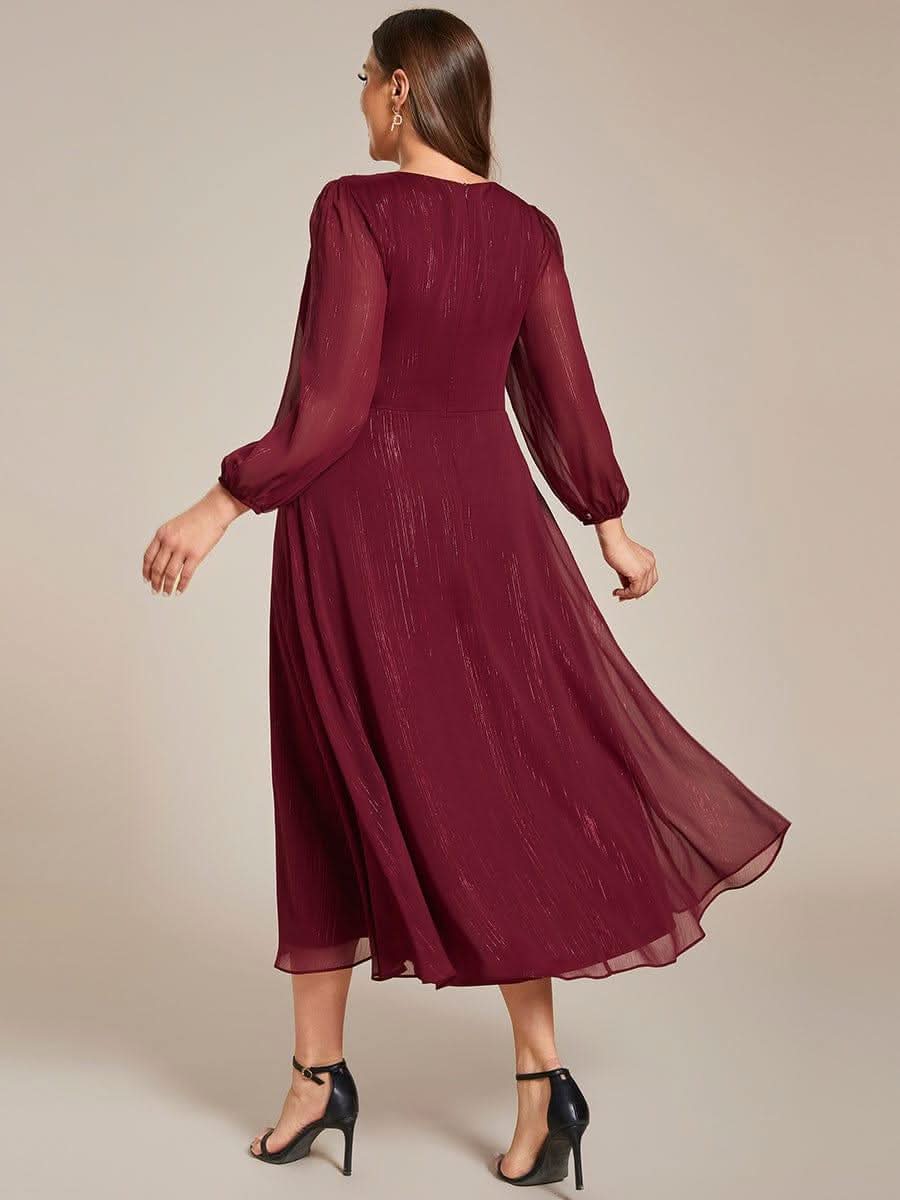 Glitter Twist Knot See-Through Long Sleeve Wedding Guest Dress #color_Burgundy