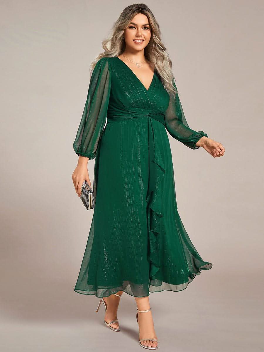 Glitter Twist Knot See-Through Long Sleeve Wedding Guest Dress #color_Dark Green