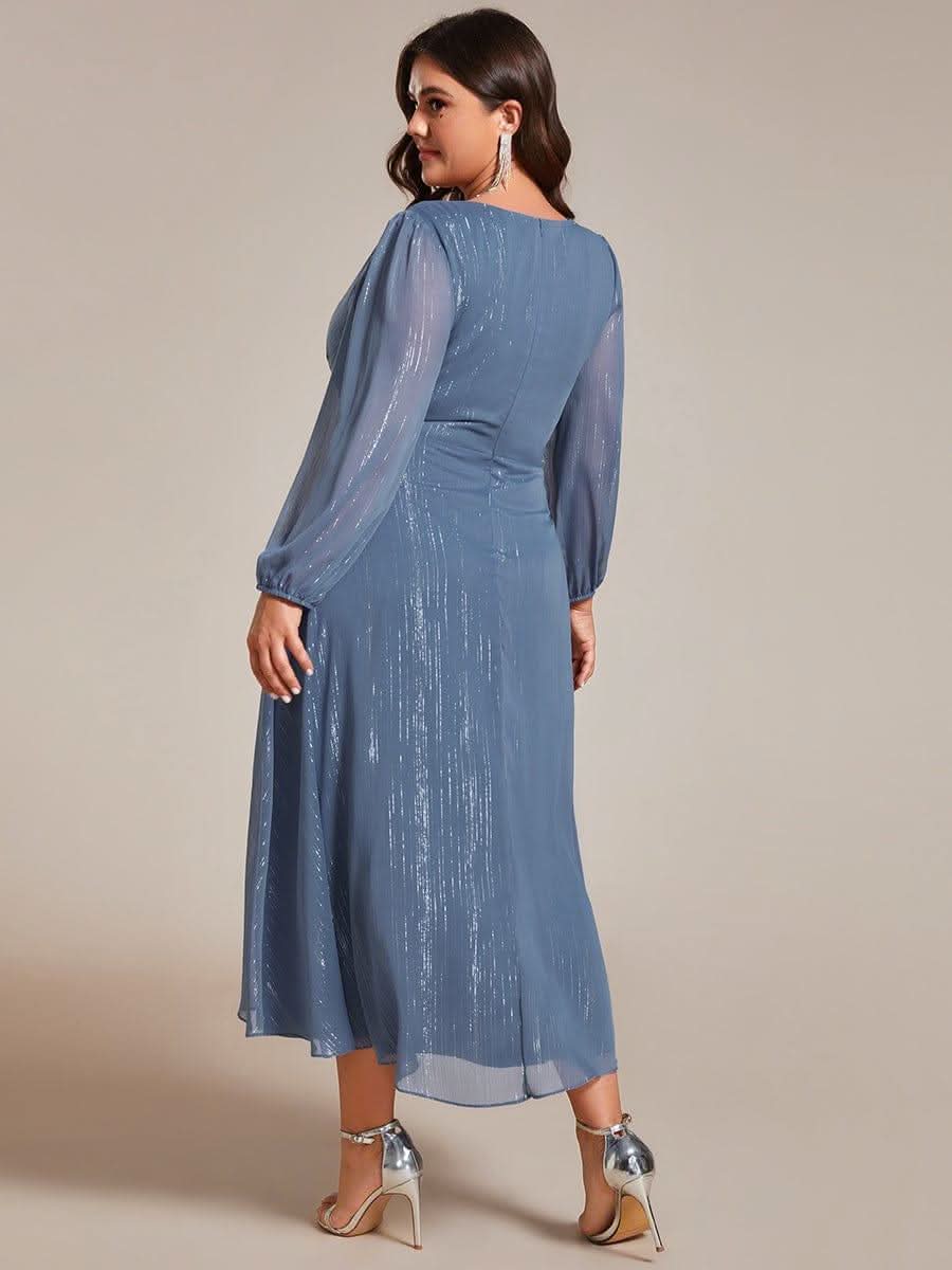 Glitter Twist Knot See-Through Long Sleeve Wedding Guest Dress #color_Dusty Blue