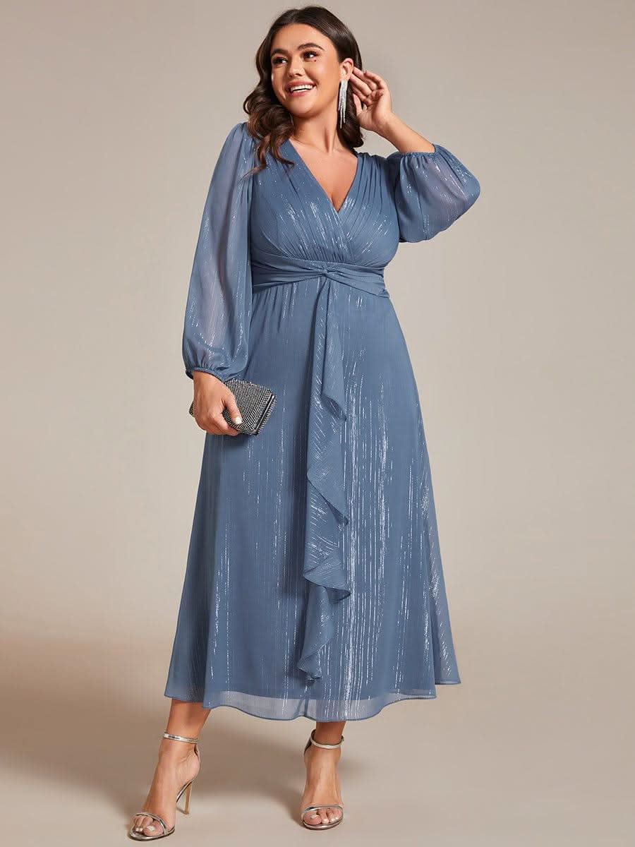 Glitter Twist Knot See-Through Long Sleeve Wedding Guest Dress #color_Dusty Blue