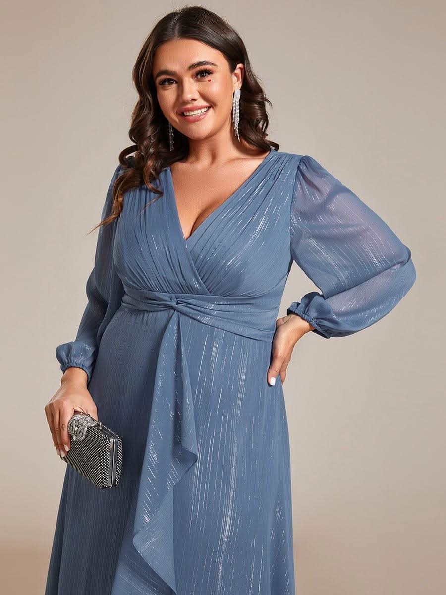 Glitter Twist Knot See-Through Long Sleeve Wedding Guest Dress #color_Dusty Blue