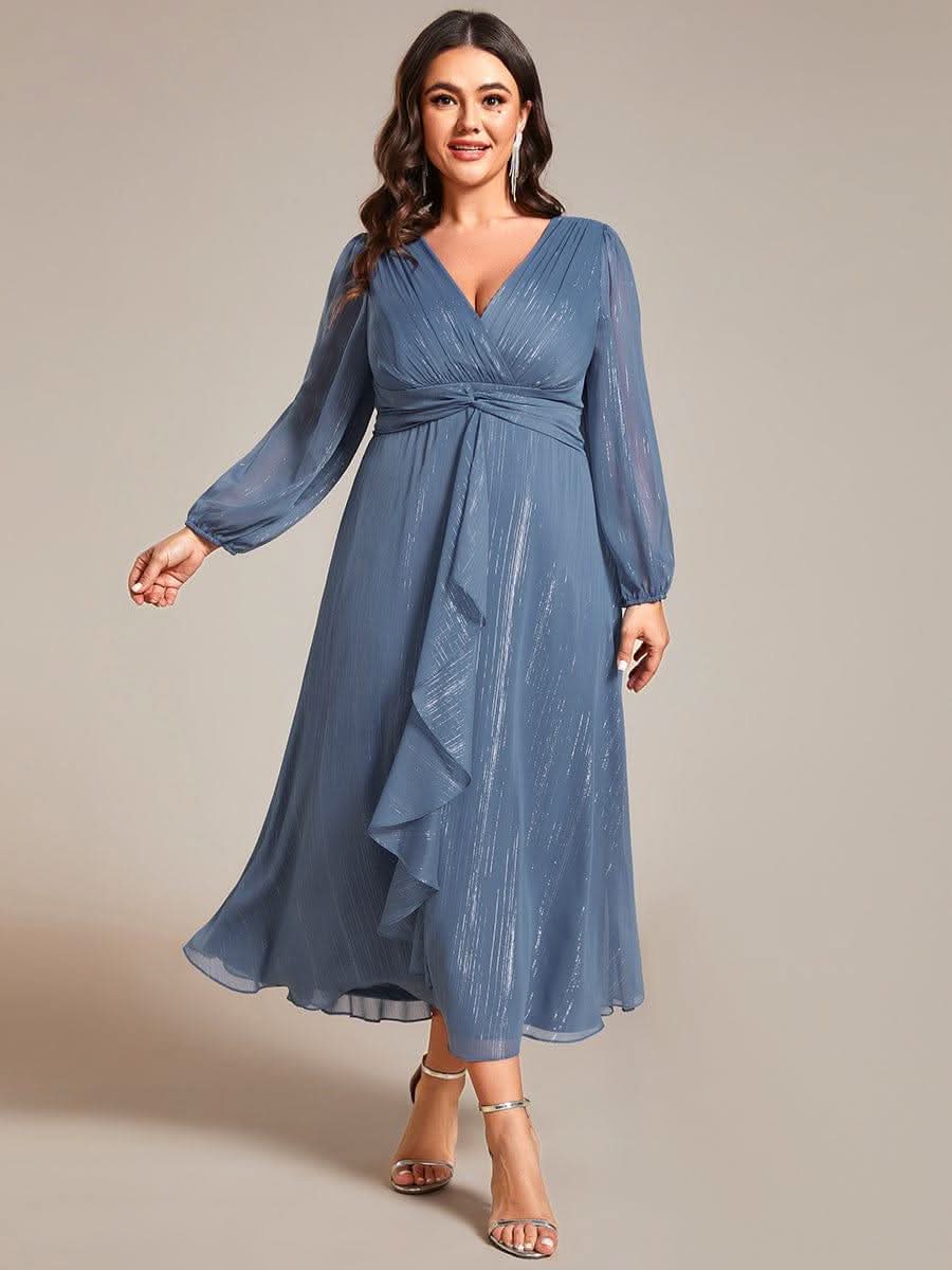 Glitter Twist Knot See-Through Long Sleeve Wedding Guest Dress #color_Dusty Blue