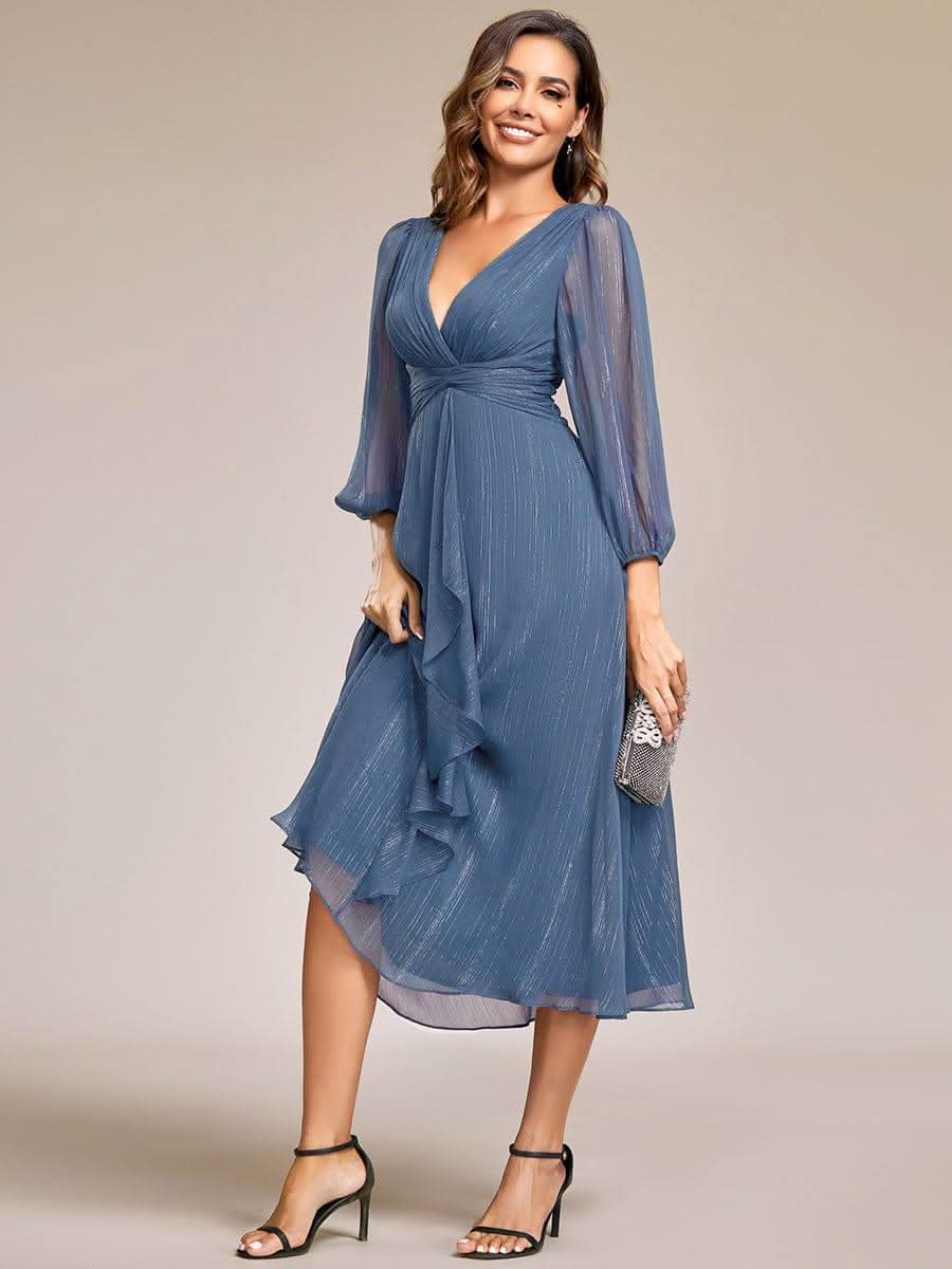 Glitter Twist Knot See-Through Long Sleeve Wedding Guest Dress #color_Dusty Blue