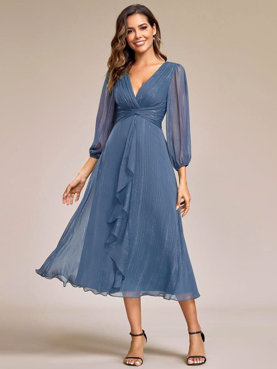 Glitter Twist Knot See-Through Long Sleeve Wedding Guest Dress #color_Dusty Blue
