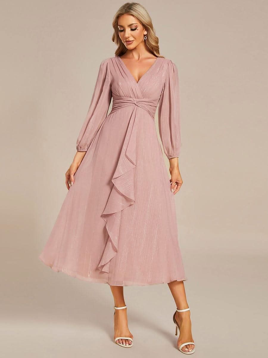 Glitter Twist Knot See-Through Long Sleeve Wedding Guest Dress #color_Dusty Rose