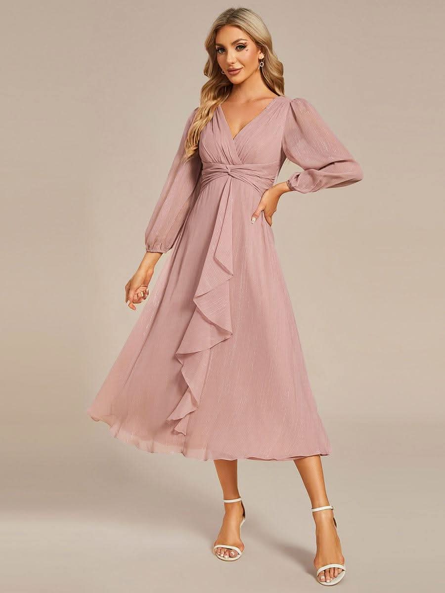 Glitter Twist Knot See-Through Long Sleeve Wedding Guest Dress #color_Dusty Rose