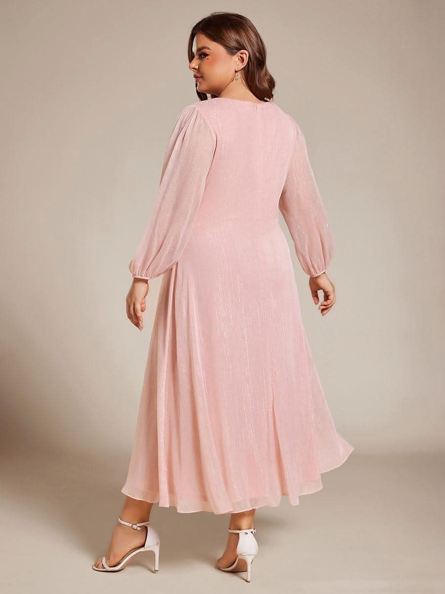 Glitter Twist Knot See-Through Long Sleeve Wedding Guest Dress #color_Pink