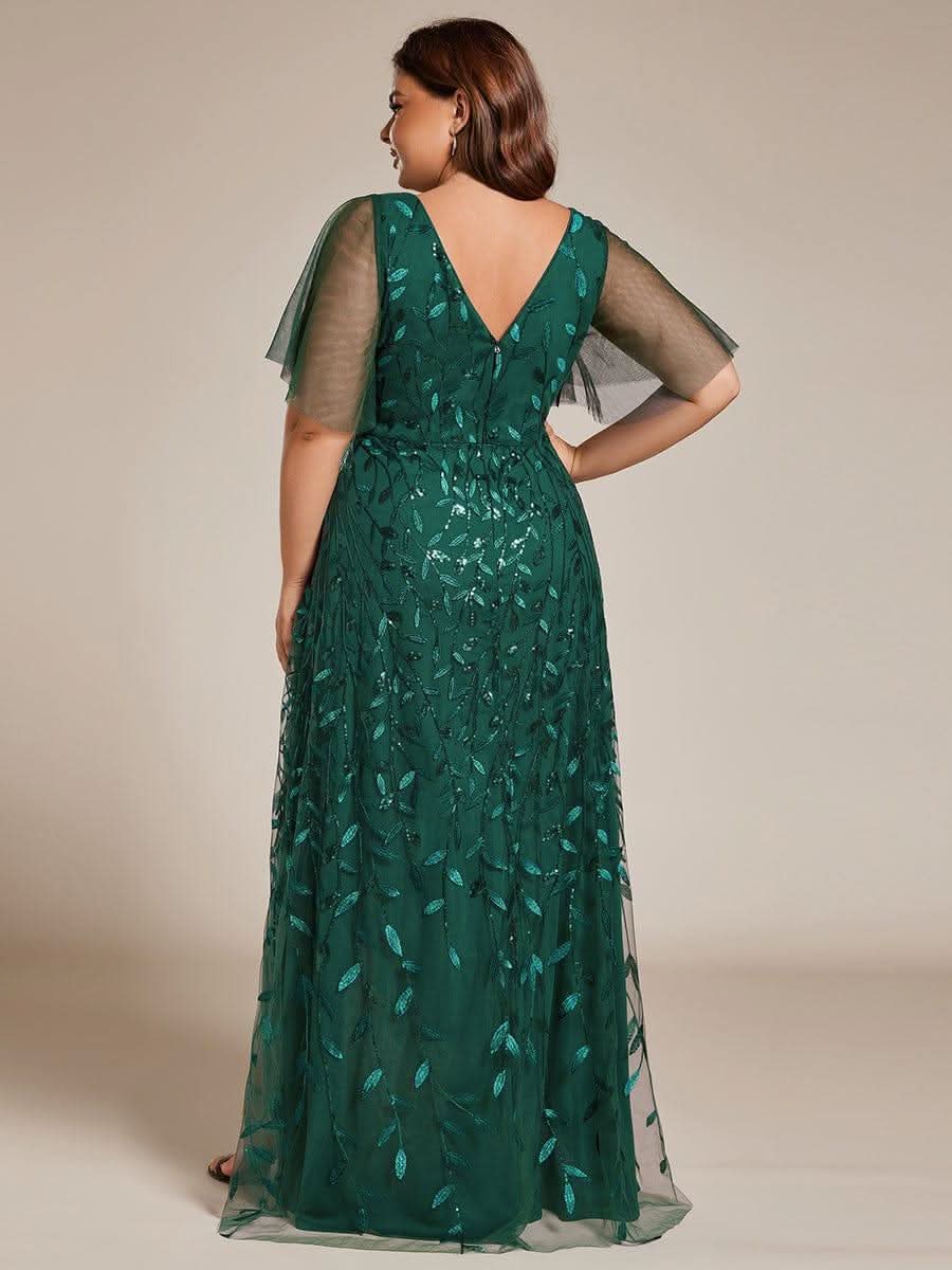Short Sleeves Sequin High Low V-Neck Midi Formal Evening Dress #color_Dark Green