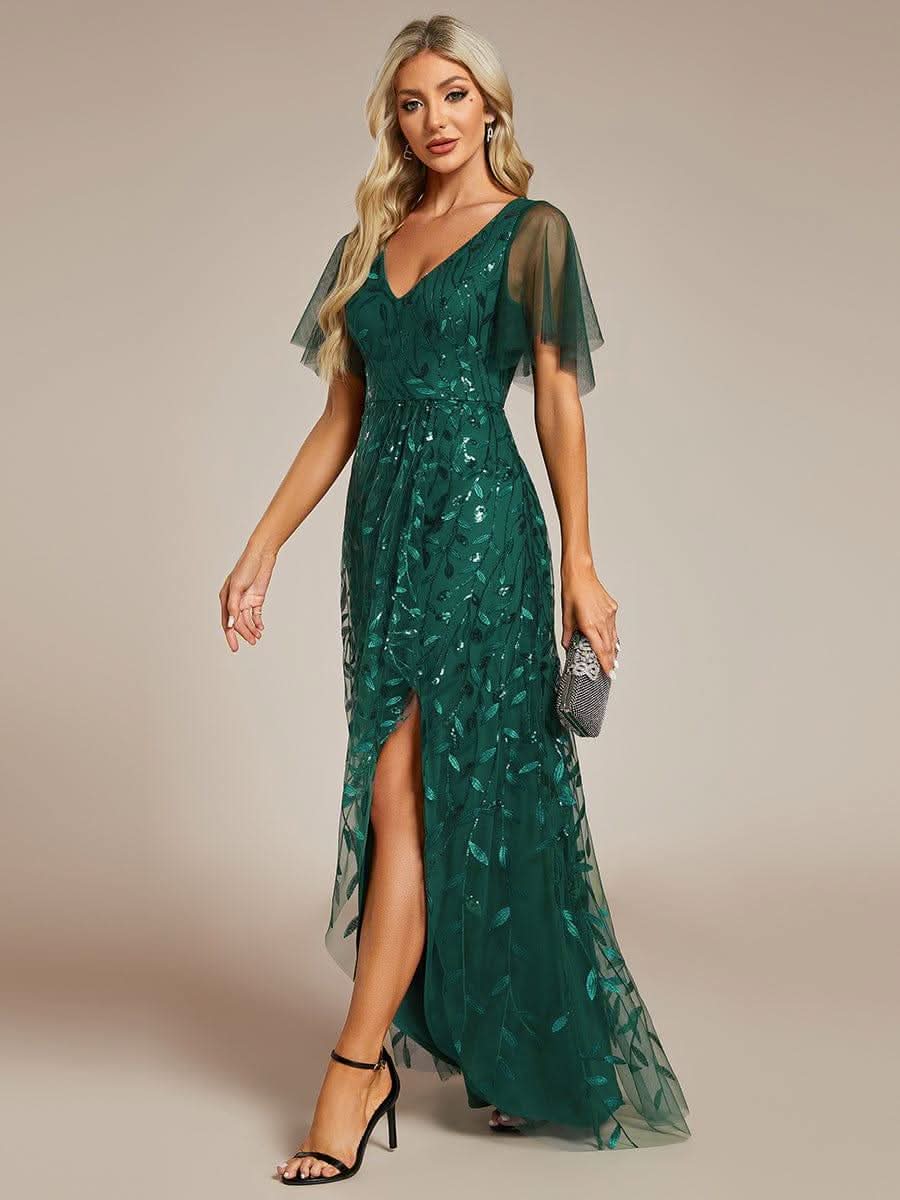 Short Sleeves Sequin High Low V-Neck Midi Formal Evening Dress #color_Dark Green
