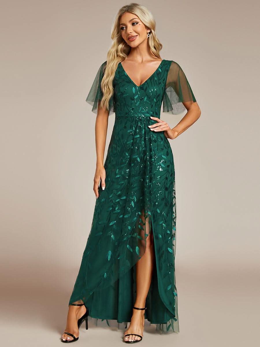 Short Sleeves Sequin High Low V-Neck Midi Formal Evening Dress #color_Dark Green