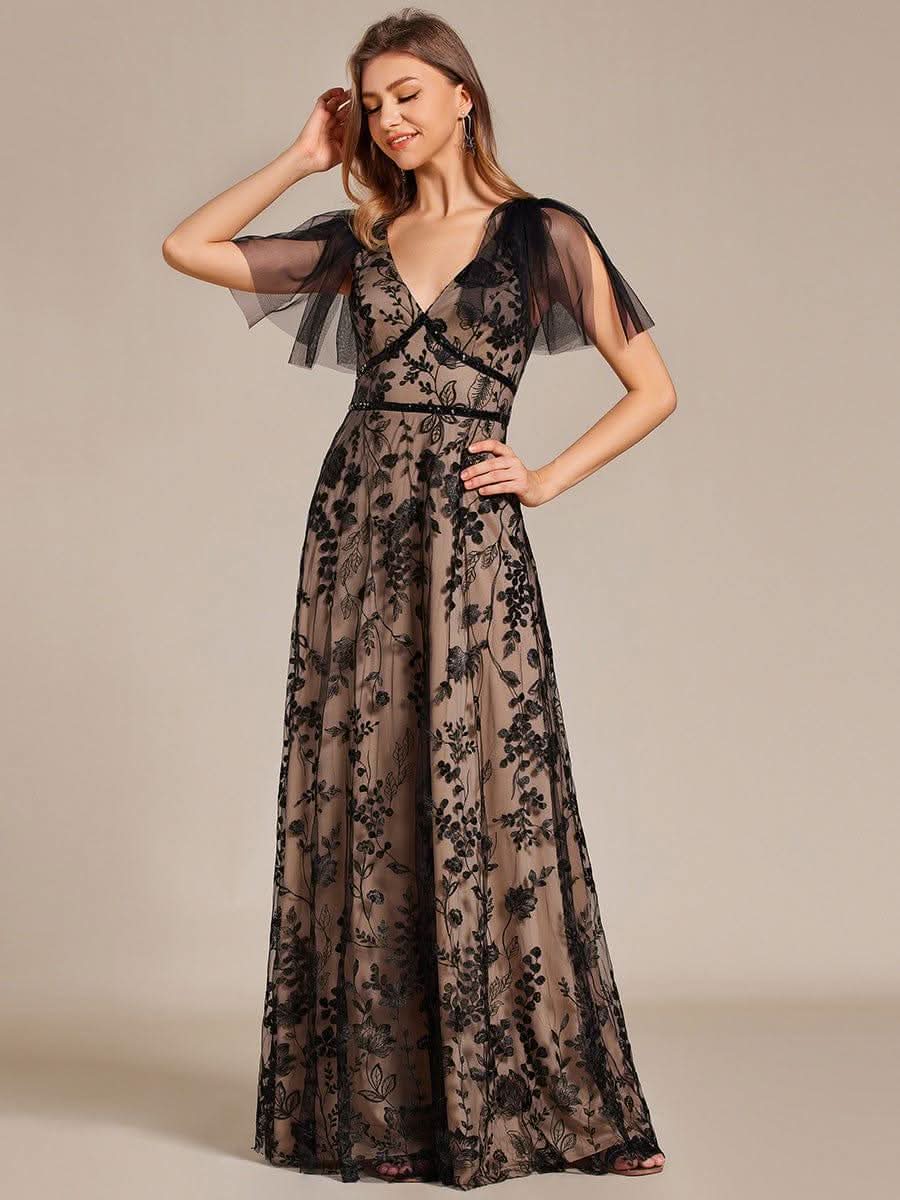 Embroidered Mesh Flutter Sleeve V-Neck Formal Evening Maxi Dress #color_Black
