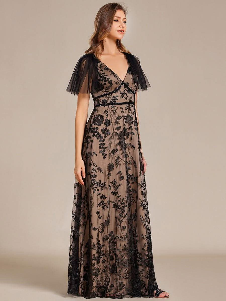 Embroidered Mesh Flutter Sleeve V-Neck Formal Evening Maxi Dress #color_Black