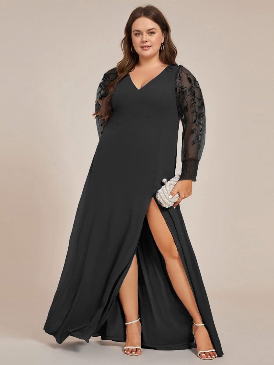 Plus Size High Slit Embroidered Long Sleeve Chiffon Formal Evening Dress #color_Black