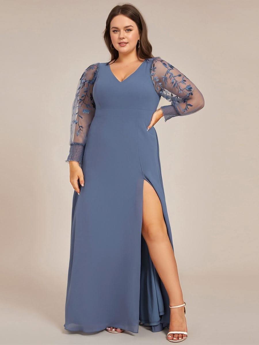 Plus Size High Slit Embroidered Long Sleeve Chiffon Formal Evening Dress #color_Dusty Blue