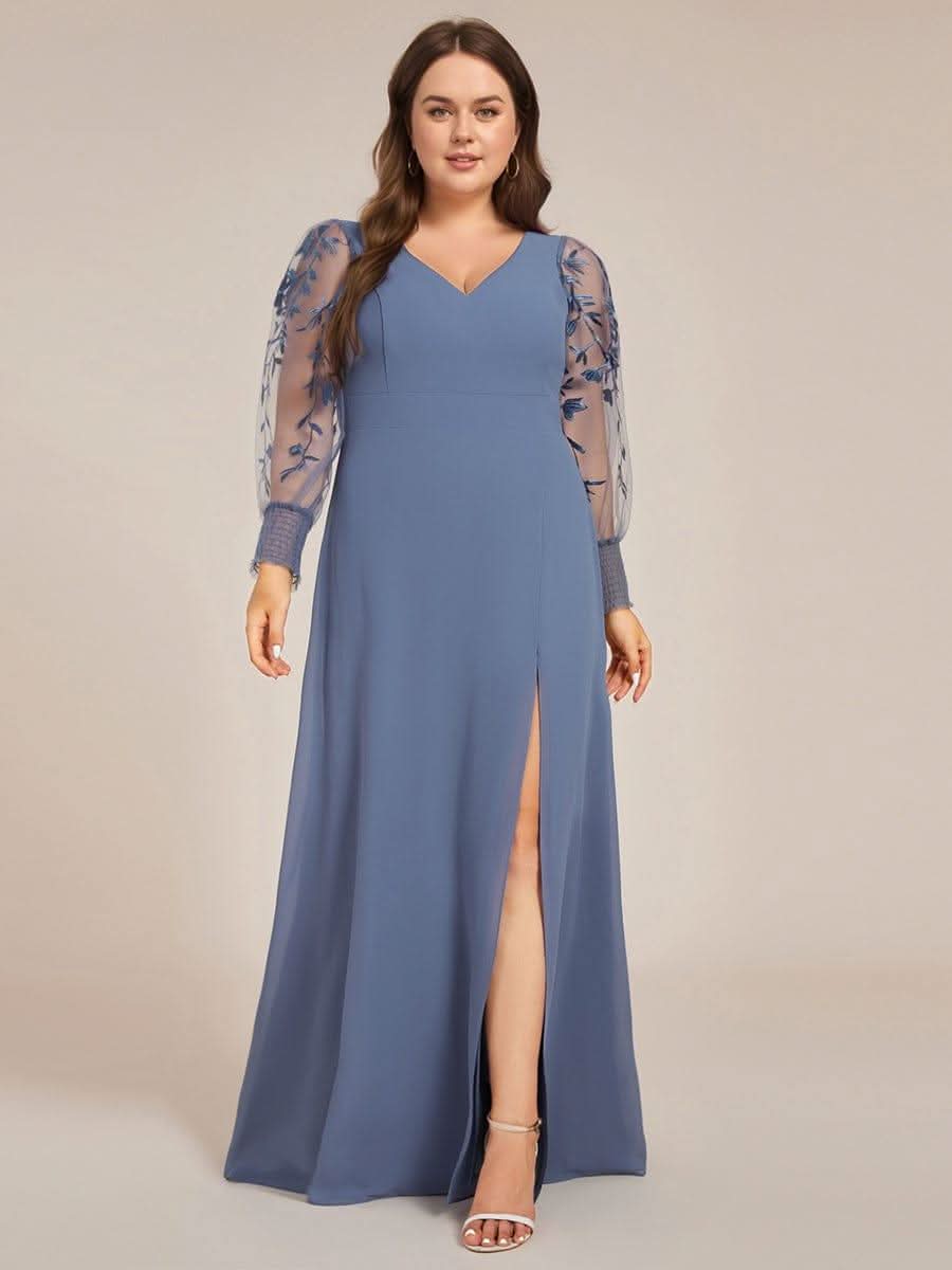 Plus Size High Slit Embroidered Long Sleeve Chiffon Formal Evening Dress #color_Dusty Blue