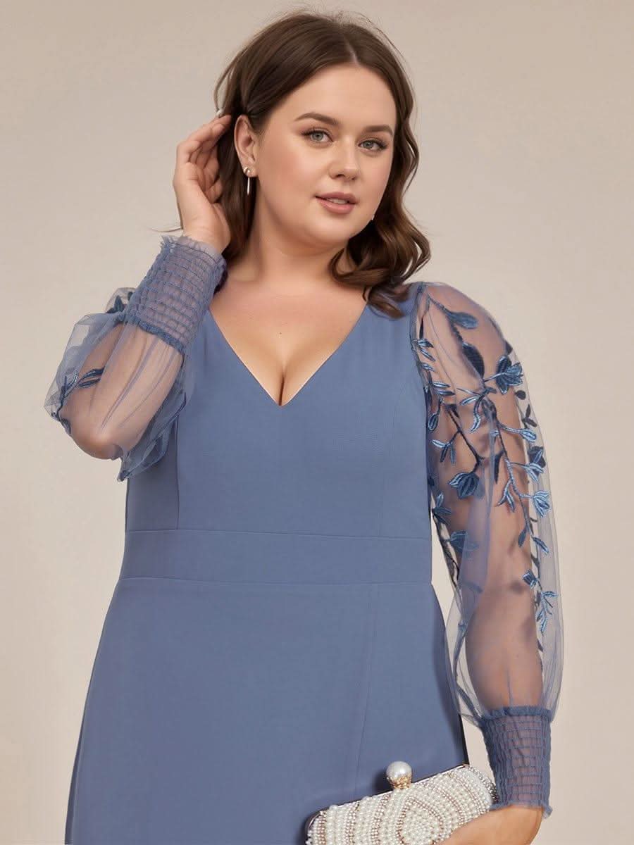 Plus Size High Slit Embroidered Long Sleeve Chiffon Formal Evening Dress #color_Dusty Blue