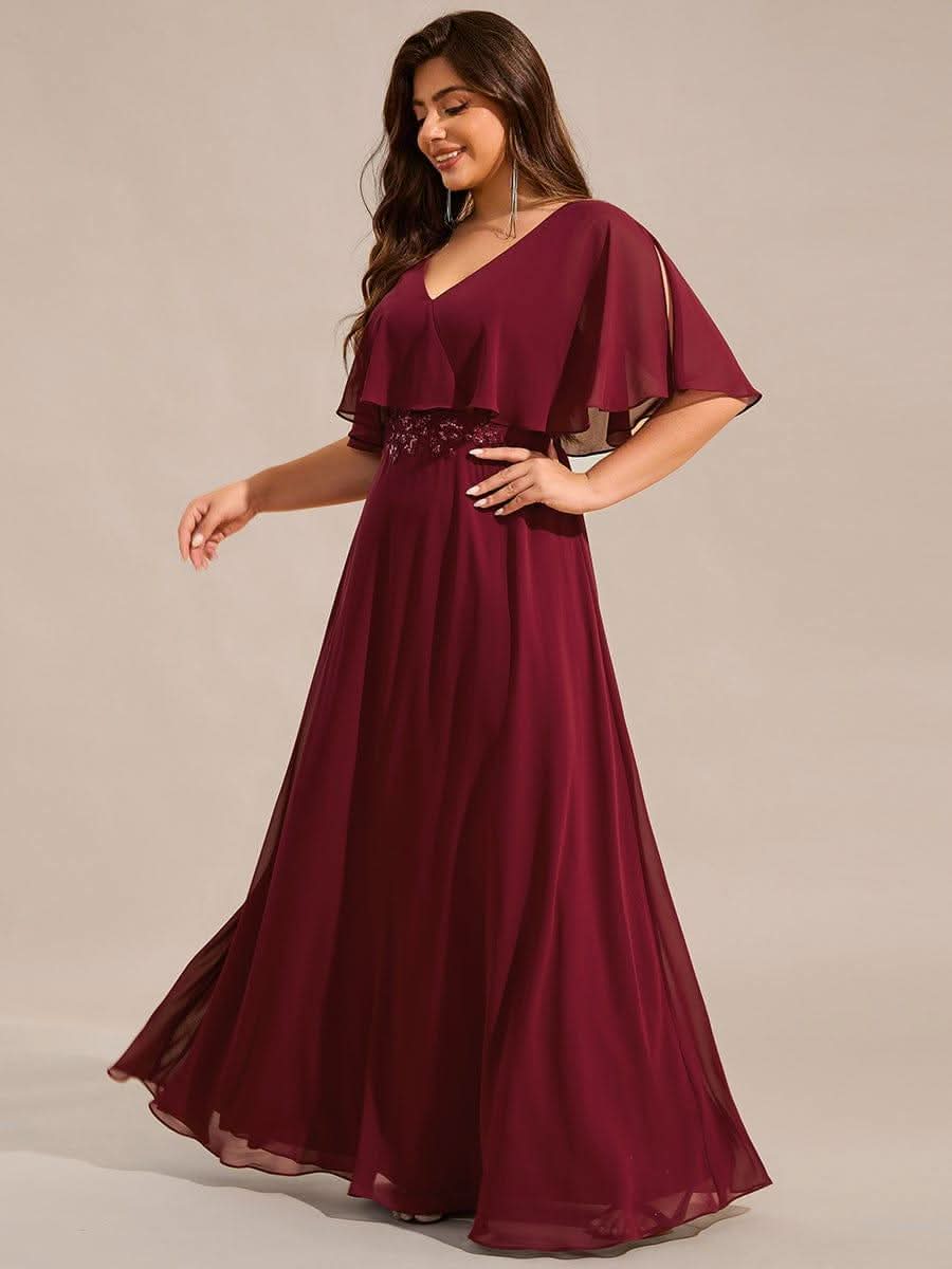 Plus Size Chiffon Formal Maxi Dress with Batwing Sleeves #color_Burgundy