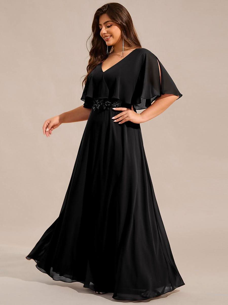 Plus Size Chiffon Formal Maxi Dress with Batwing Sleeves #color_Black
