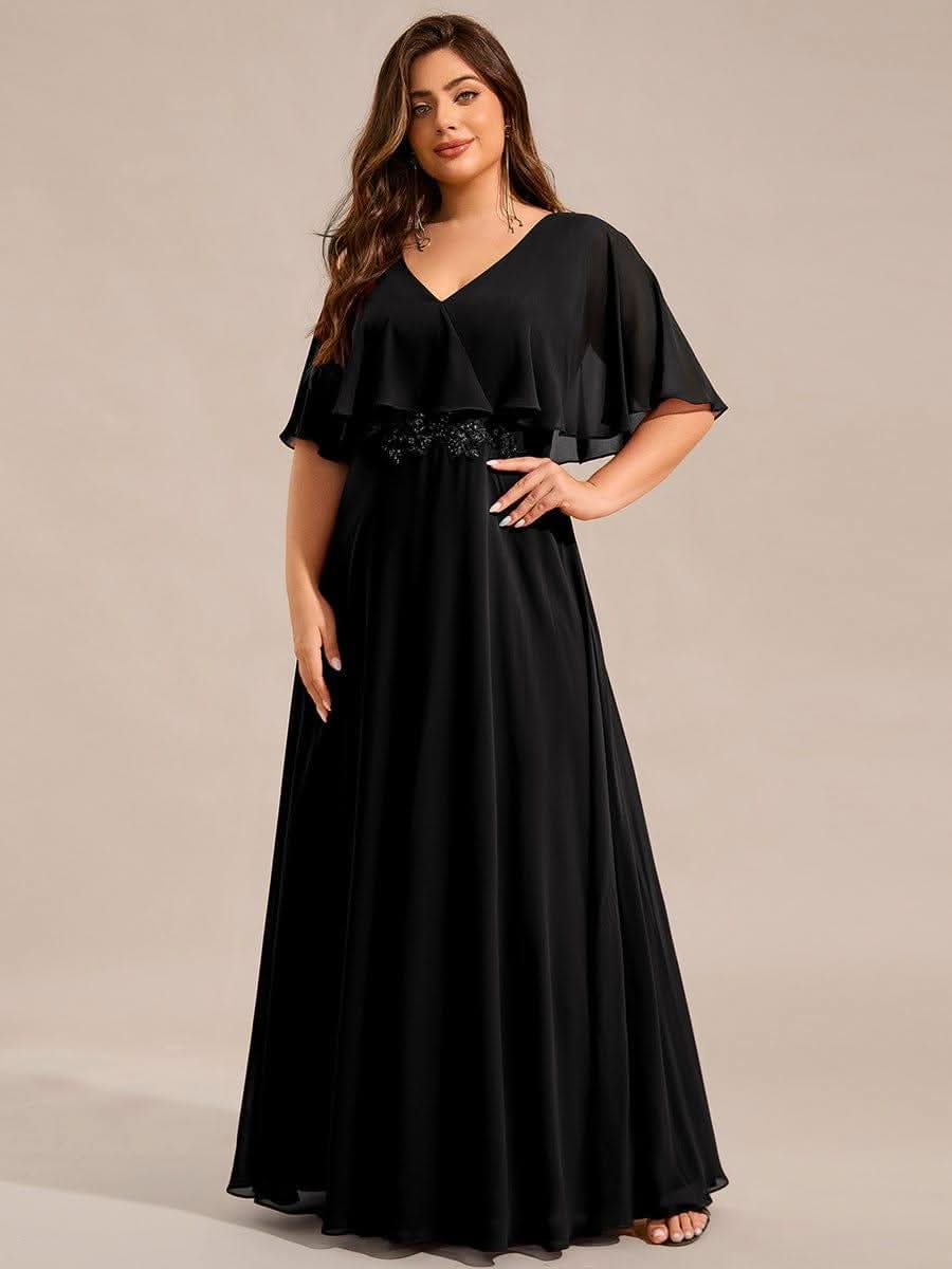 Plus Size Chiffon Formal Maxi Dress with Batwing Sleeves #color_Black