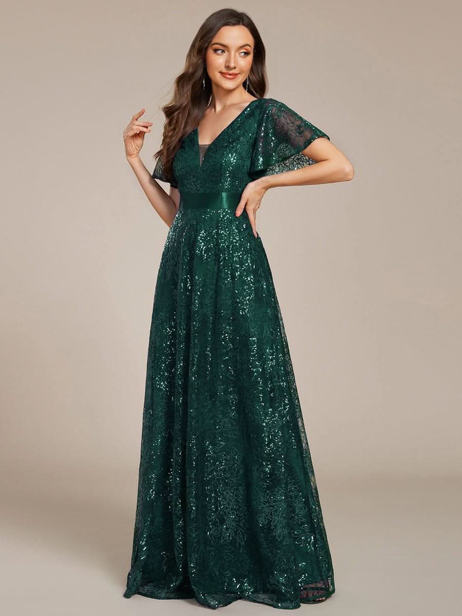Illusion V-neck Short Sleeve Sequin Formal Maxi Dress #color_Dark Green