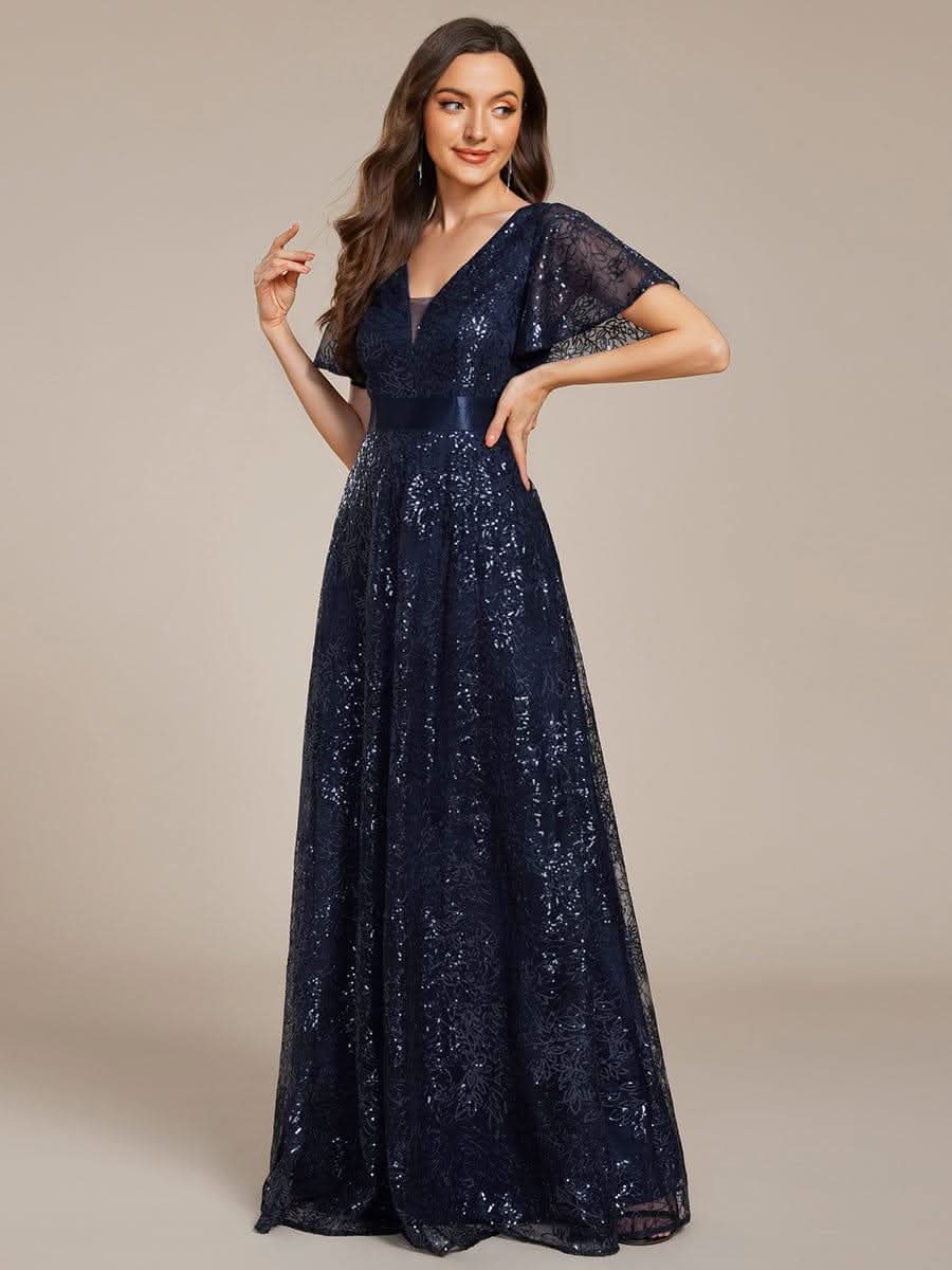 Illusion V-neck Short Sleeve Sequin Formal Maxi Dress #color_Navy Blue