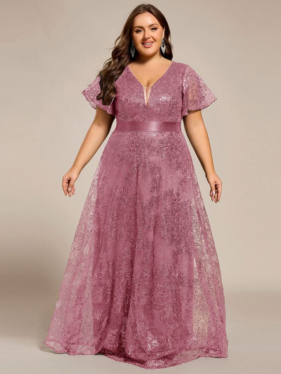 Plus Size Illusion Sequin V-neck Short Sleeve Maxi Formal Dress #color_Purple Orchid