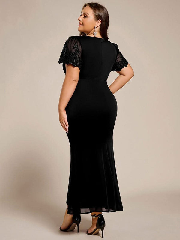 Plus Size Short Sleeve Fishtail V-Neck Beaded Formal Dress #color_Black pretty CLEO|Plus Size Short Sleeve Fishtail V-Neck Beaded Formal Dress