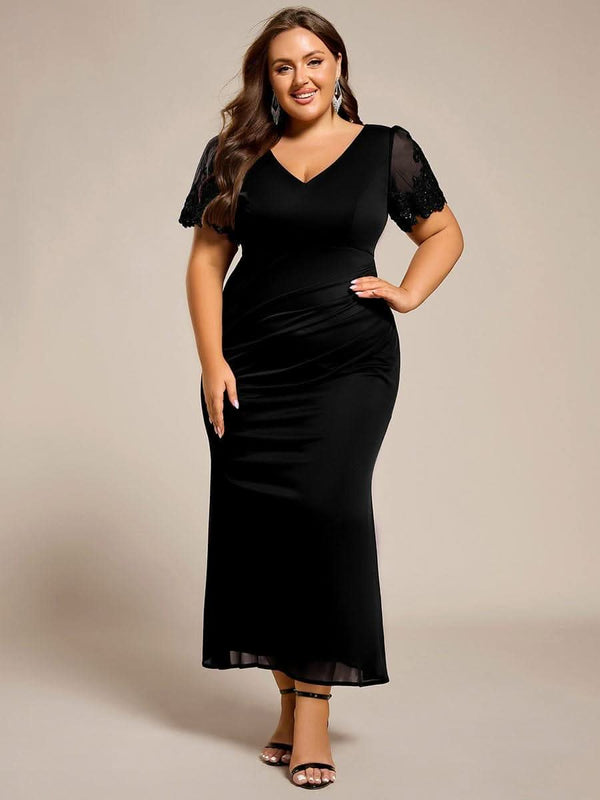 Plus Size Short Sleeve Fishtail V-Neck Beaded Formal Dress #color_Black pretty CLEO|Plus Size Short Sleeve Fishtail V-Neck Beaded Formal Dress