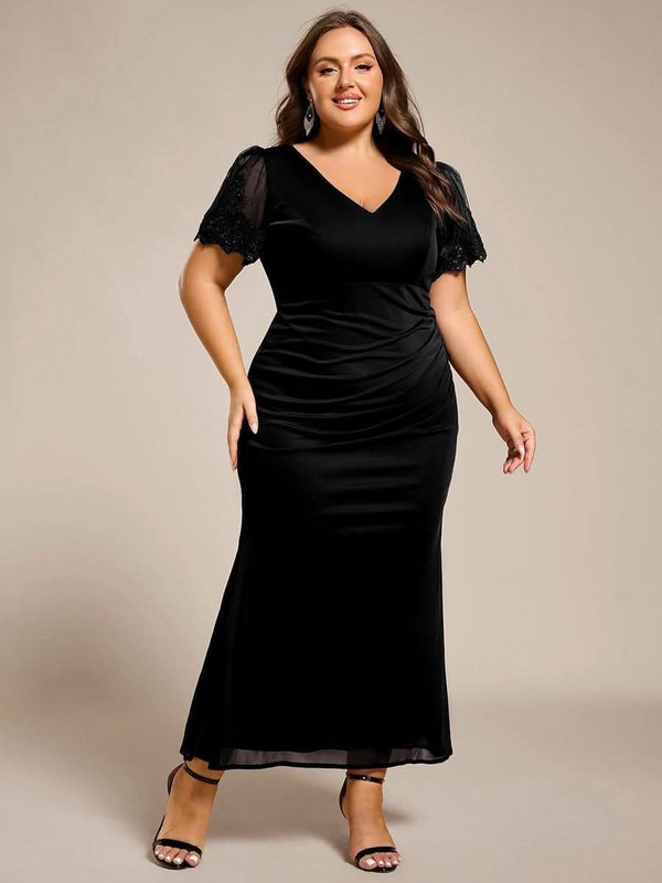 Plus Size Short Sleeve Fishtail V-Neck Beaded Formal Dress #color_Black pretty CLEO|Plus Size Short Sleeve Fishtail V-Neck Beaded Formal Dress