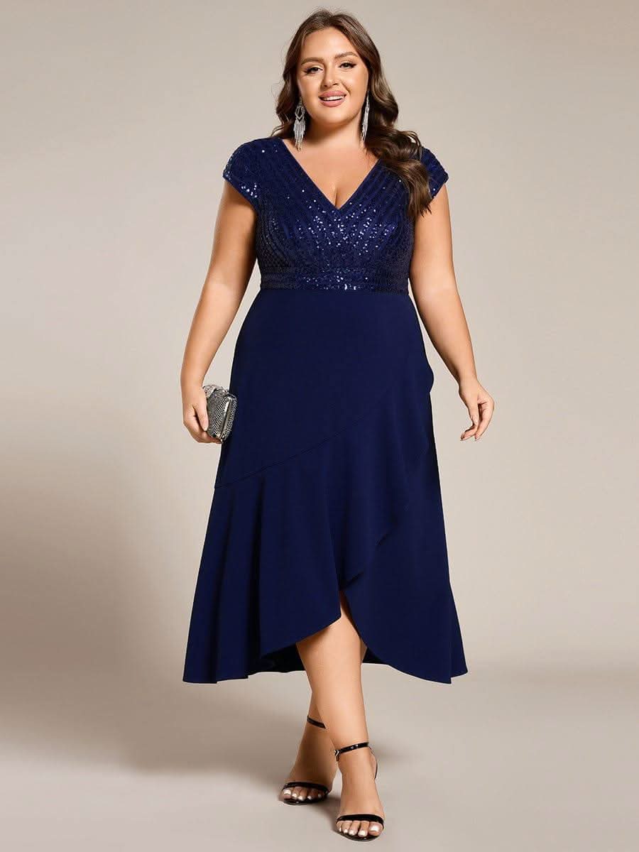 Plus Size Sequin Bodice V-Neck Midi Chiffon Formal Dress #color_Navy Blue
