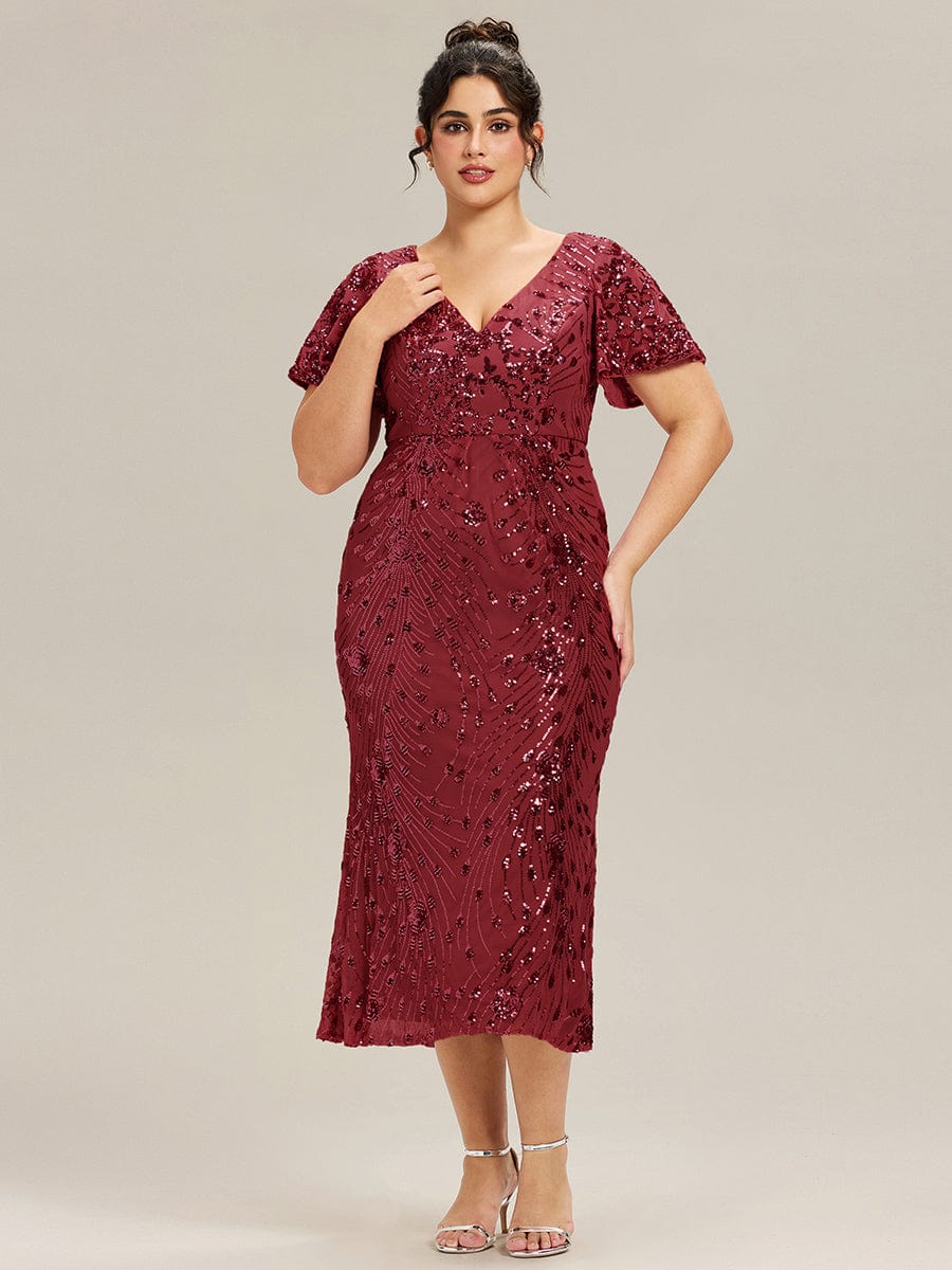 Plus Size Sequin Mermaid Formal Dress #color_Burgundy