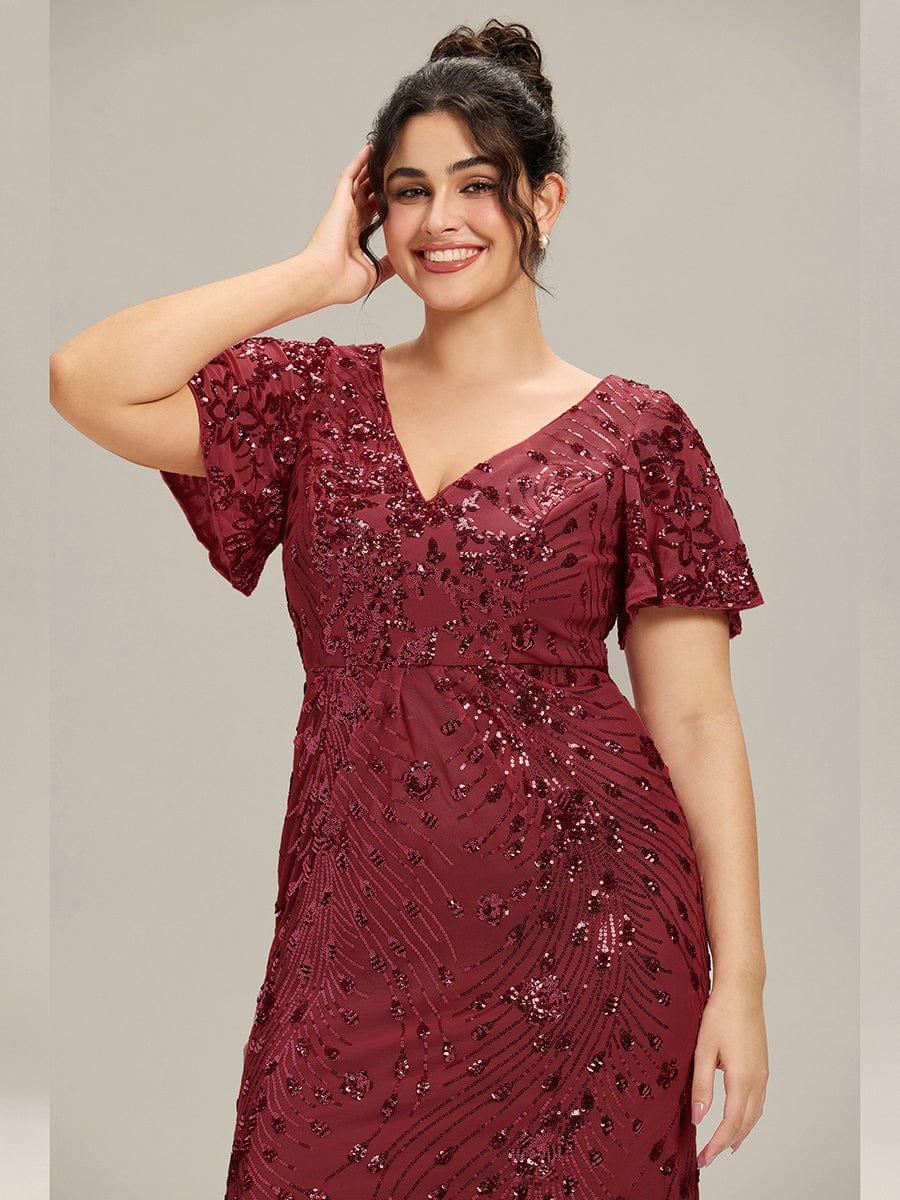 Plus Size Sequin Mermaid Formal Dress #color_Burgundy