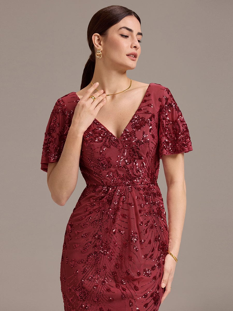 Floral Sequin Ruffled Sleeve Mermaid Formal Dresses #color_Burgundy