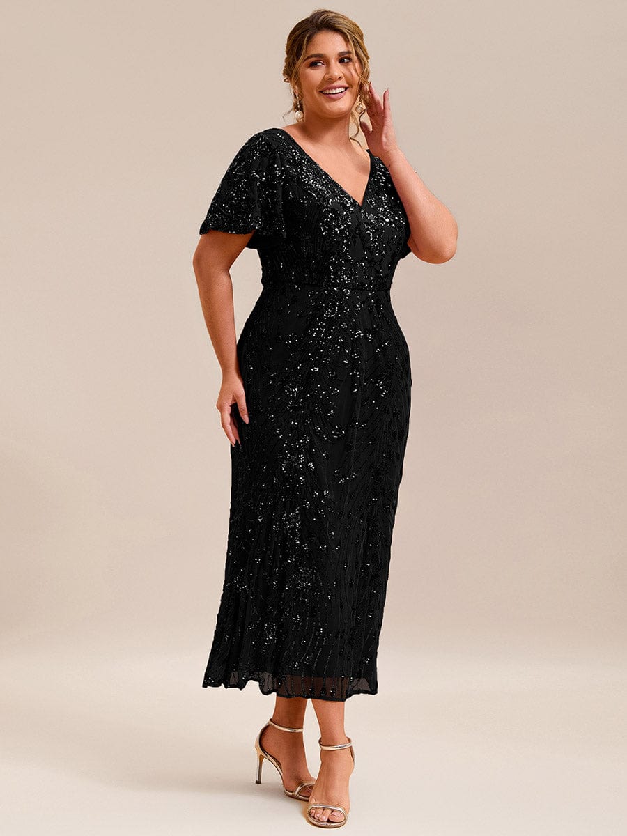 Floral Sequin Ruffled Sleeve Mermaid Formal Dresses #color_Black