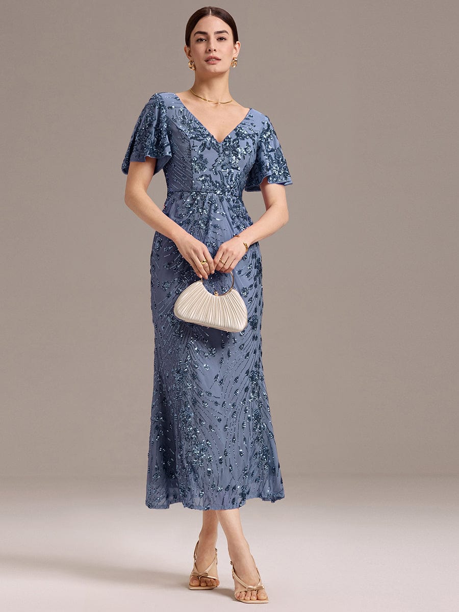 Floral Sequin Ruffled Sleeve Mermaid Formal Dresses #color_Dusty Blue