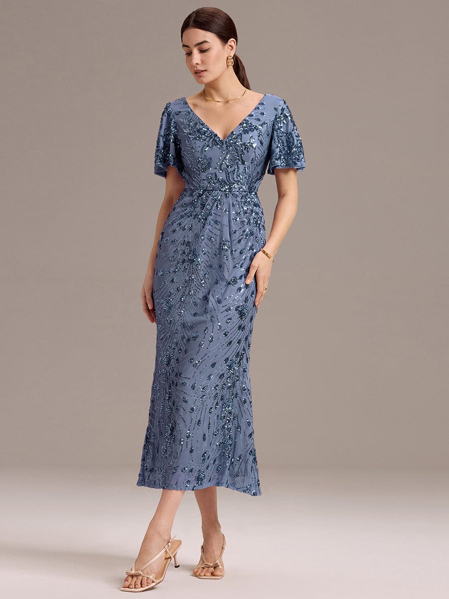 Floral Sequin Ruffled Sleeve Mermaid Formal Dresses #color_Dusty Blue